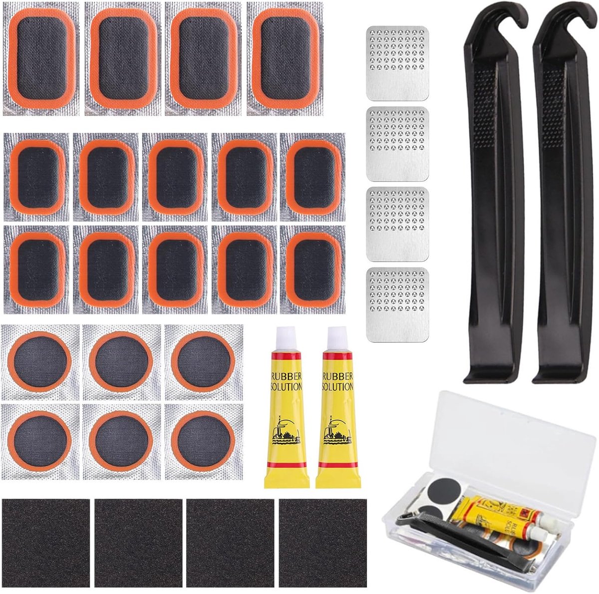 SnelShoppen - Fietsbandenreparatieset met 20 reparatieplakkers, 2 lijm, 2 bandenlichters, 4 vijlen en schuurpapier - Compleet set voor fiets, motorfie