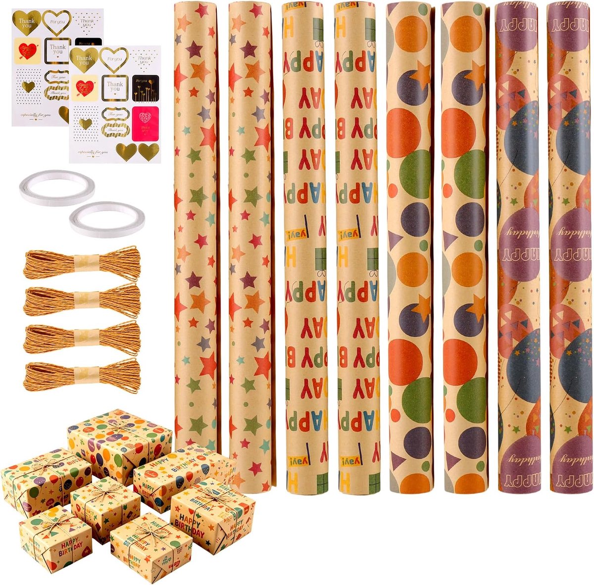 SnelShoppen - 8 Rollen Cadeaupapierset 43x300cm - Kraftpapier met Henneptouw & Plakband - Verjaardag, Bruiloft, Kerstmis - 4 Verschillende Patronen -