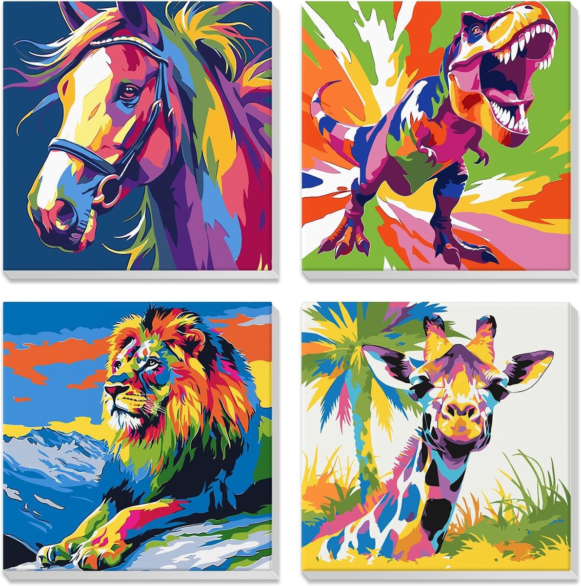 SnelShoppen - Schilderen op Nummer voor Volwassenen 4 Stuks met Lijst - Paard, Dinosaurus, Leeuw, Giraf - Kinderen 6-9 Jaar - Regenboog Dieren - Handg
