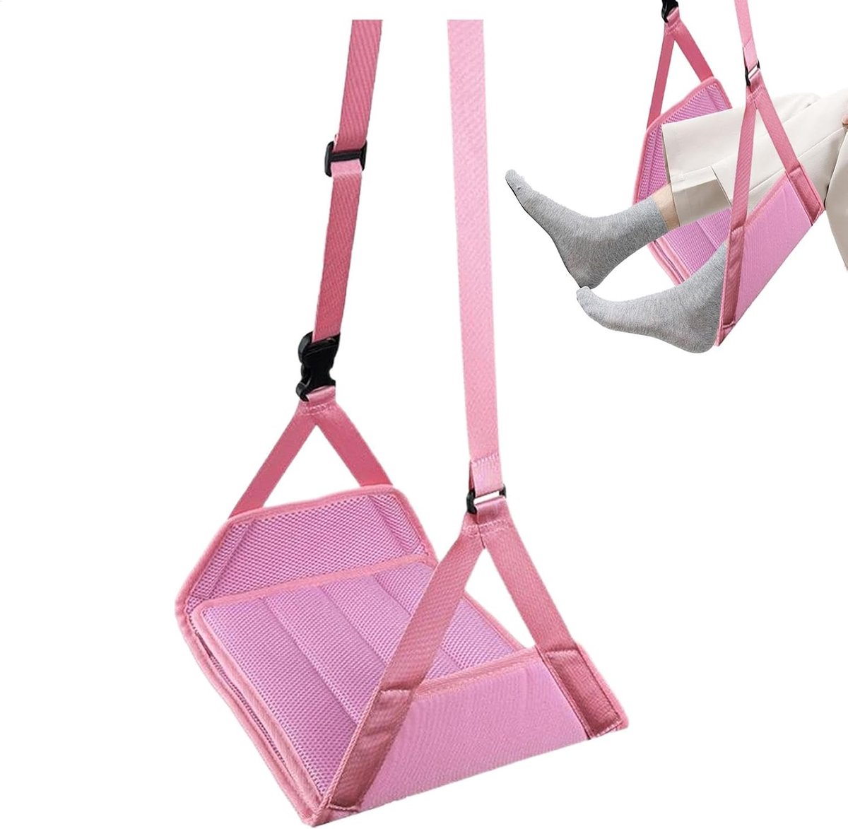 Voethangmat voor vliegtuigreizen, grote verstelbare bureauvoetsteuning met afneembare steunbasis, comfortabele voetenhanger voor mannen, vrouwen, reisaccessoires, 27,5x23 cm, zwart en roze