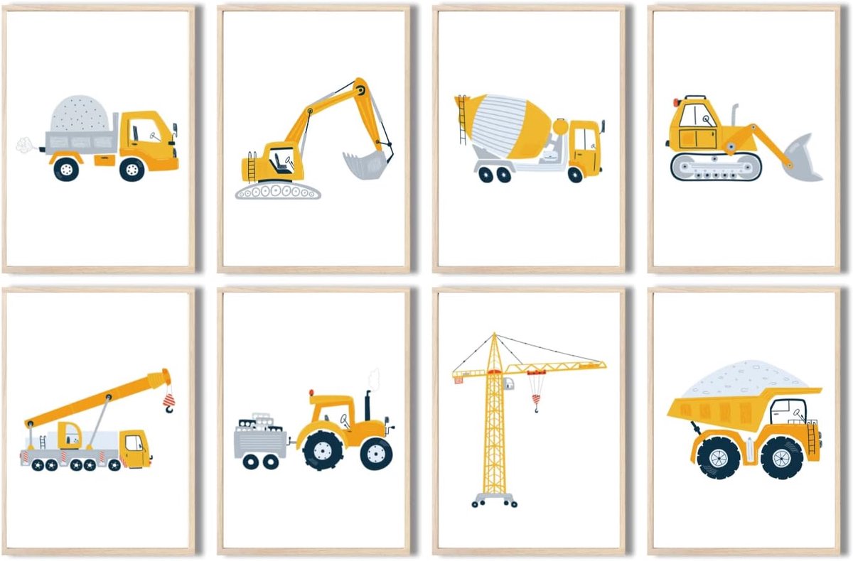 SnelShoppen - Set van 8 Kinderposters Bouwvoertuigen DIN A4, Graafmachine, Kraan, Dumptruck, Decoratieve Muurdecoratie voor Jongens, Baby- en Kinderka