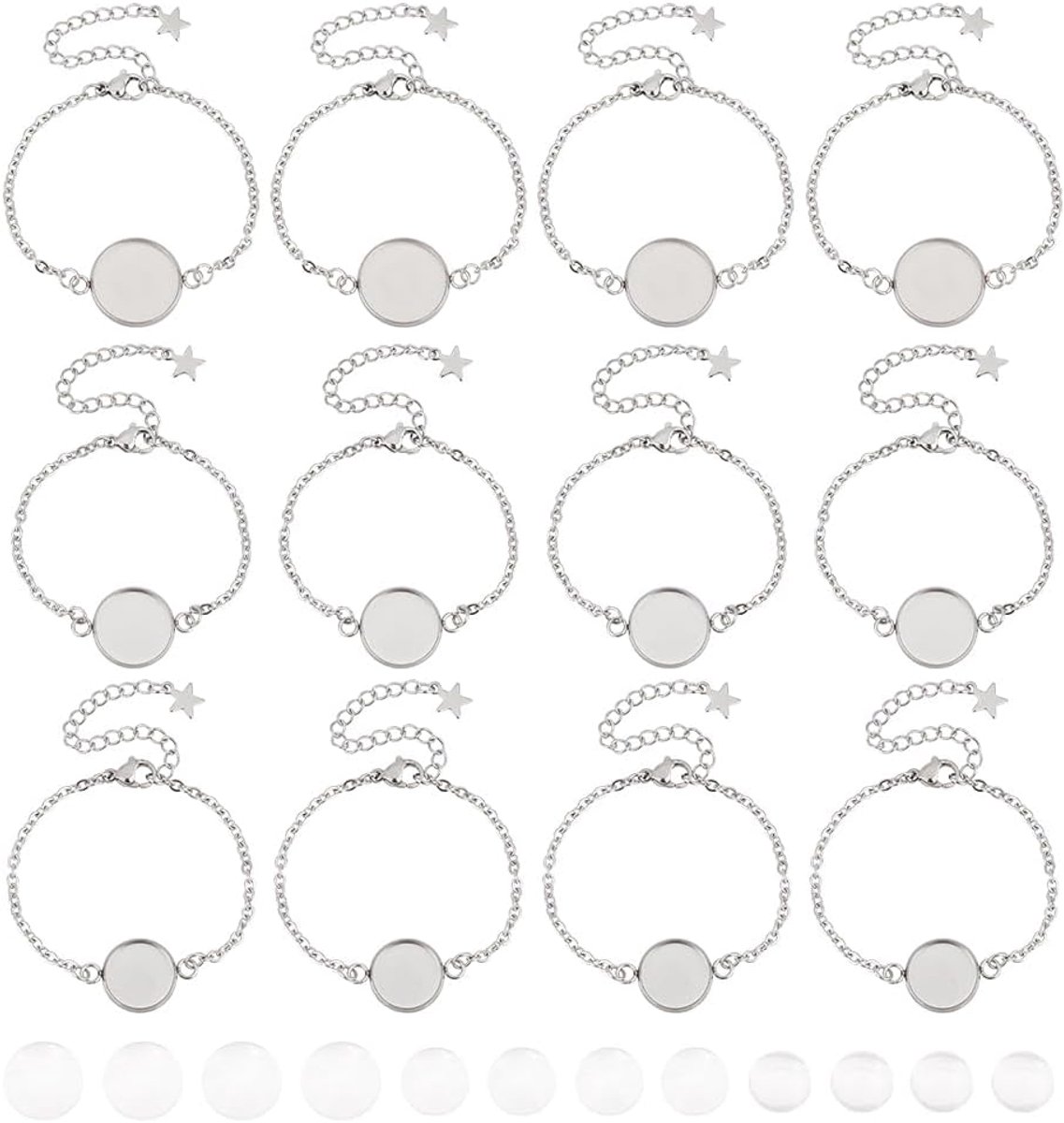 SnelShoppen - 12 Sets RVS Armbanden met Glazen Cabochons - Verstelbare Dome Tray voor Sieraden Maken - 3 Maten - Creatieve DIY Armbanden voor Feest en