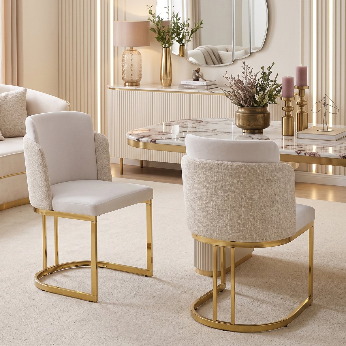 Pugsdrly 2 eetkamerstoelen, comfortabel en ademend, geschikt voor restaurants, woonkamers, cafés en andere locaties, moderne stijl, goudkleurig gegalvaniseerde stoelpoten, chenille-stof, beige + goud