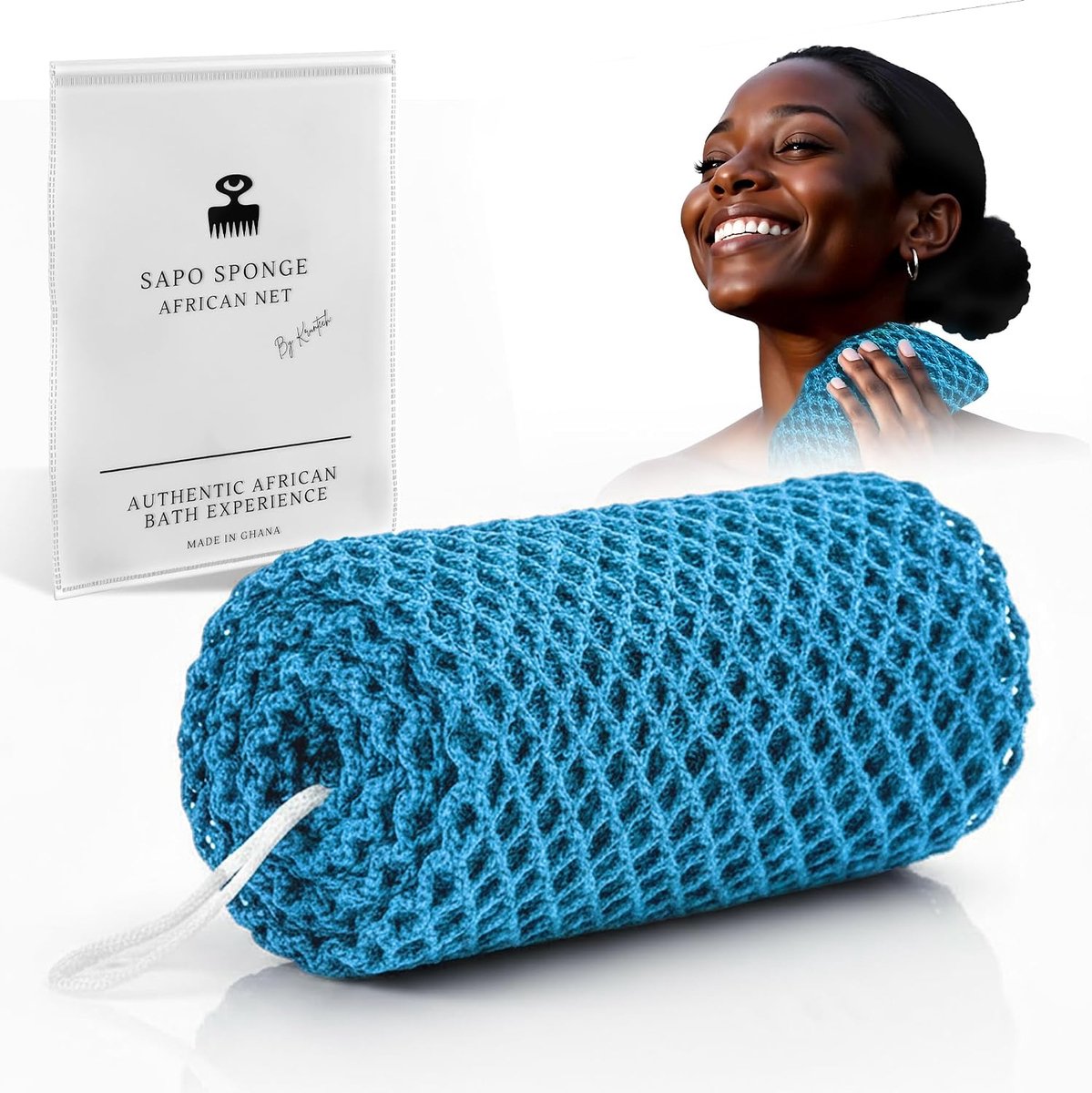 SnelShoppen - Authentic African Net Sponge van Ghana - Lange Exfoliërende Bad Spons met Hangkoord - Perfect voor Dagelijks Douchen - Lichtblauw