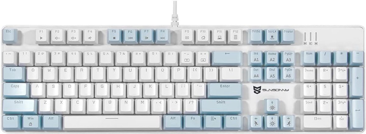 SnelShoppen - Mechanisch Gaming Toetsenbord Bedraad LED Verlichting Blauw en Wit 104 Toetsen US Indeling met Afneembare Bruine Switches voor Gaming en