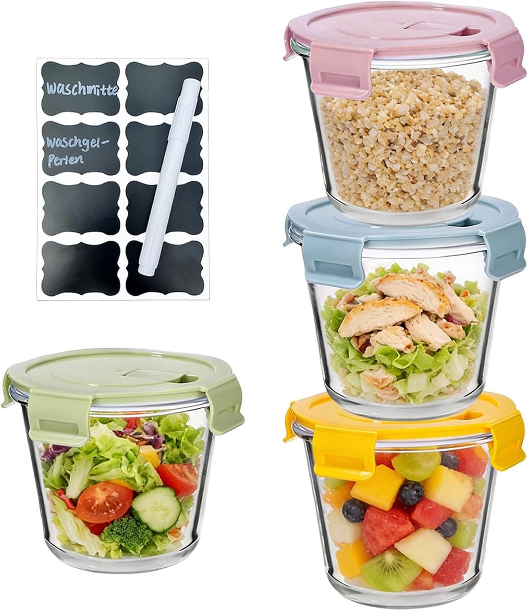 SnelShoppen - Set van 4 Glazen Soepcontainers 710 ml met Luchtdichte Deksel, Ronde Borosilicaat Glazen Potten, Inclusief Labels en Marker voor Keuken,