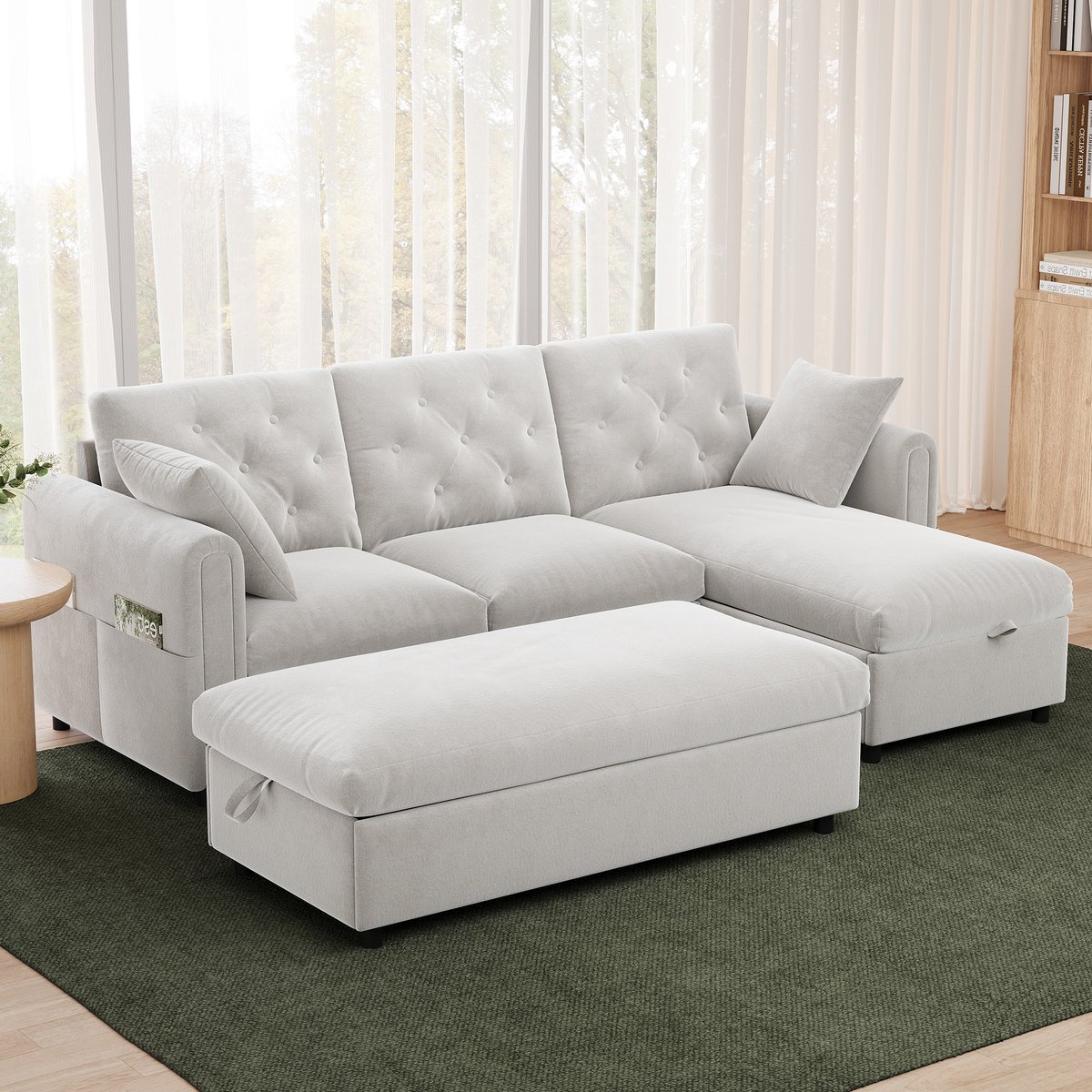 Sofa - Fluwelen 3-zits met chaise longue & voetenbank, beide met opbergruimte, verwisselbare chaise longue, 219x131x86 cm - Beige