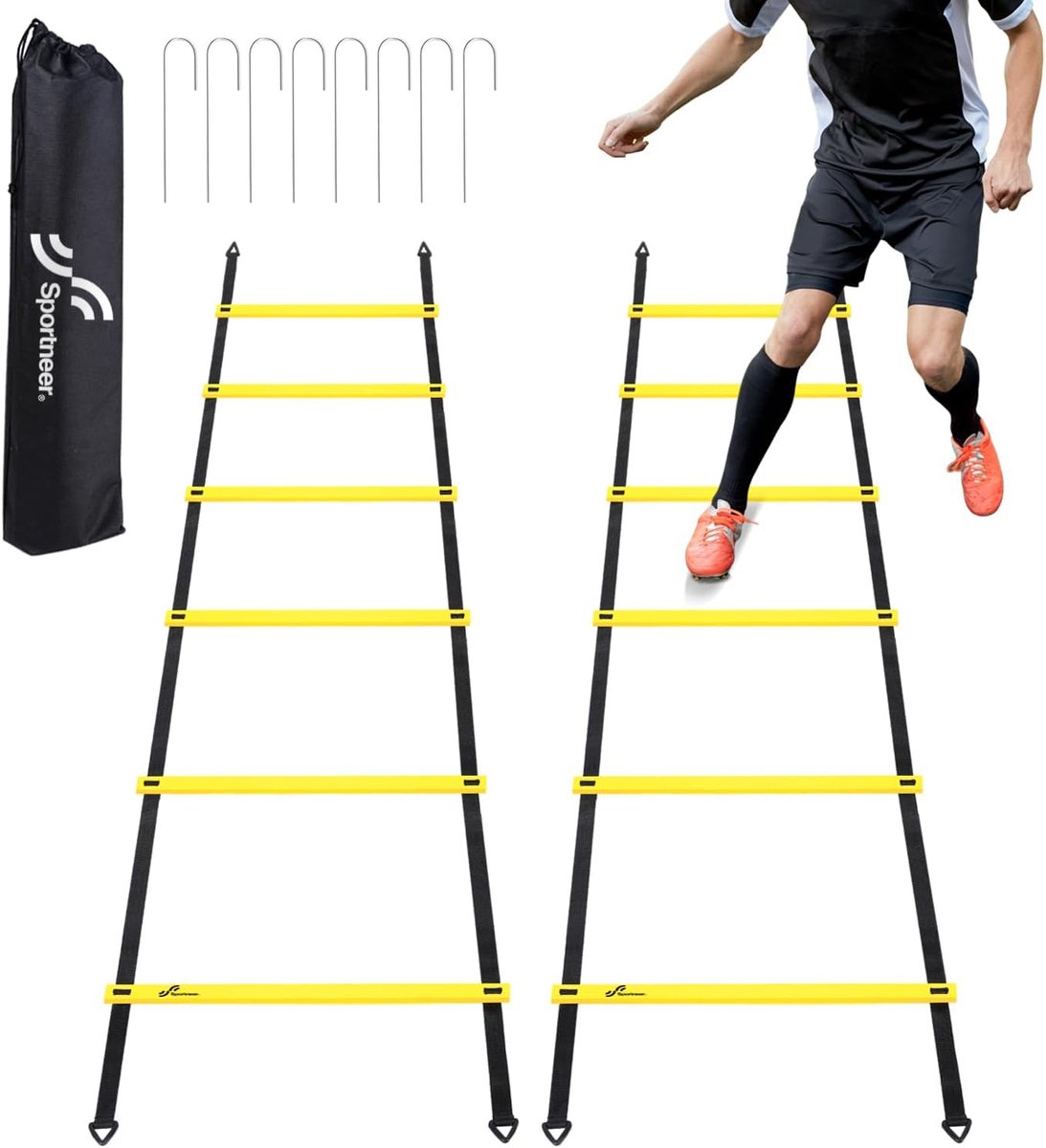 SnelShoppen - Sportneer Agility Ladder Speed Training Set - 12 Treden 6.1m Afneembare Oefenladder in 2 Stukken (6 Treden per stuk) met Grondpinnen voo