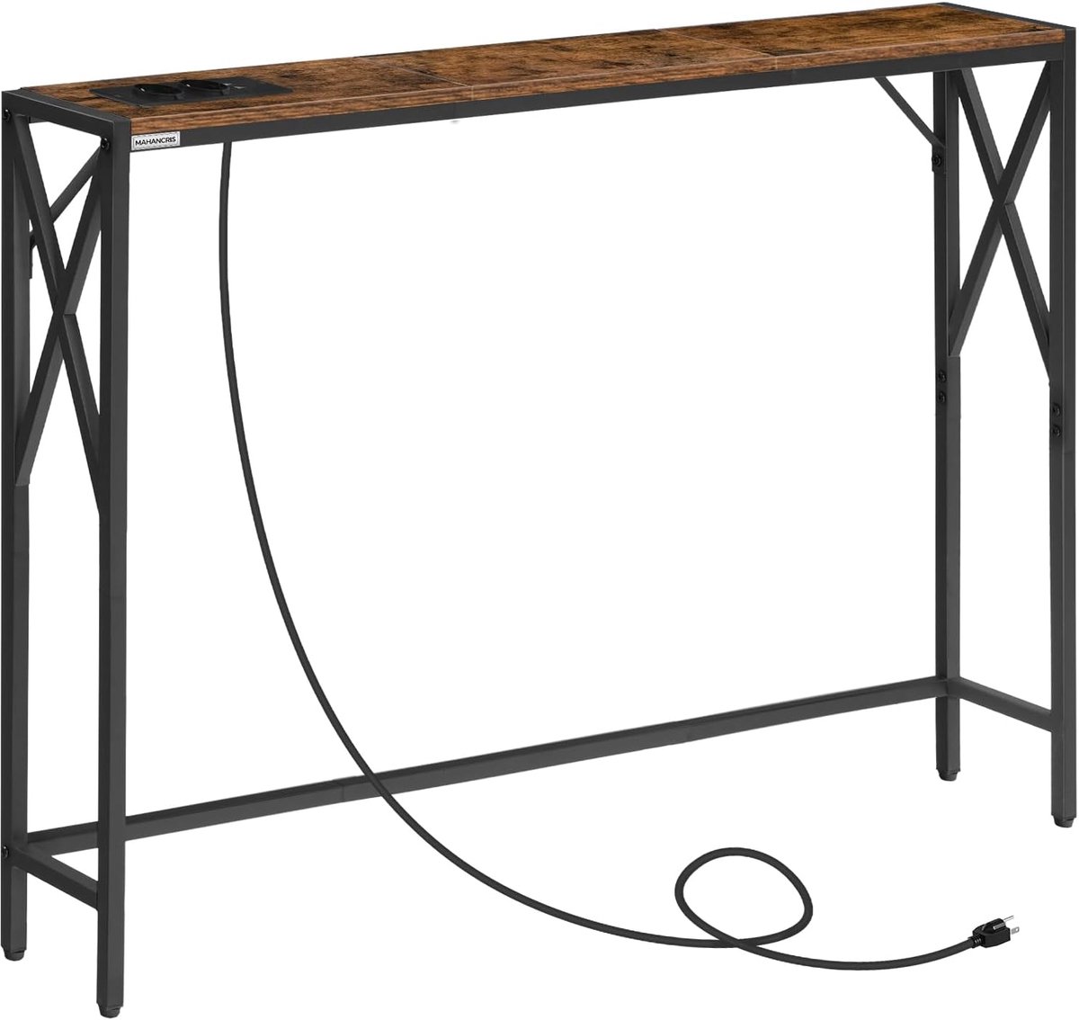 SnelShoppen - Console Tafel met Oplaadstation, Smalle Hal Tafel, Vintage Bruin en Zwart, Perfect voor Entree, Woonkamer, Gang, Expositie, 2 Stopcontac