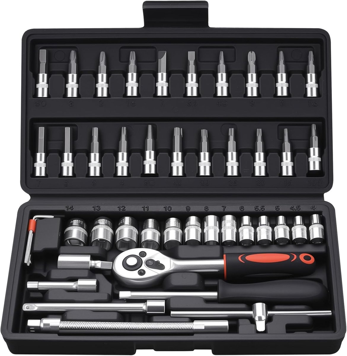 SnelShoppen - 46-delig Dopsleutelset 1/4 Inch, Ratchet Box met Snelle Ontgrendeling, Chrome Vanadium Staal, Voor Thuis en Auto Reparaties
