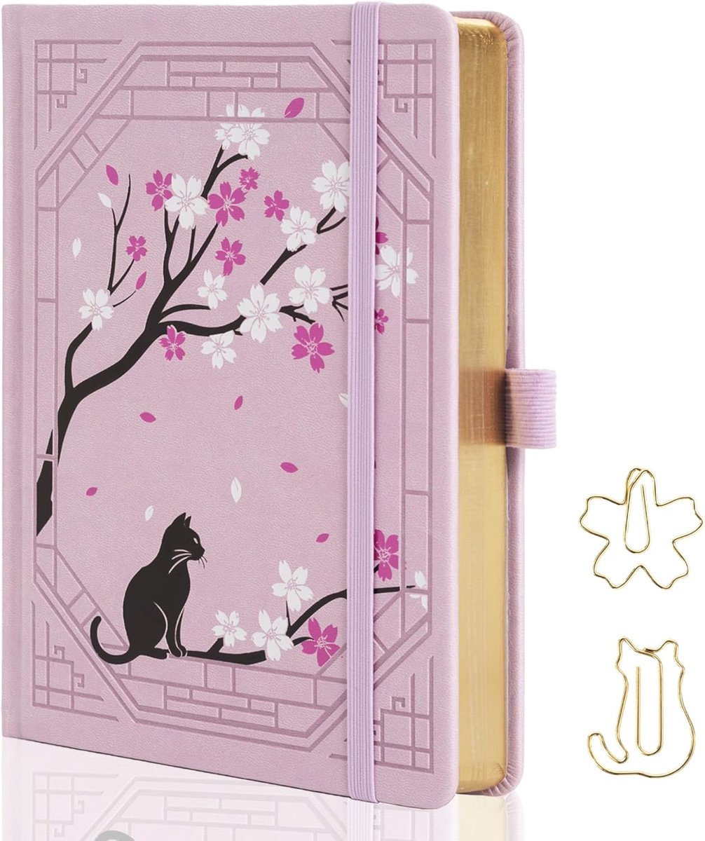 SnelShoppen - A5 Dotted Notitieboek met Schattige Kat, Sakura Patroon, Faux Leer, Esthetisch Notitieboek voor Vrouwen en Meisjes, Perfect voor Schrijv