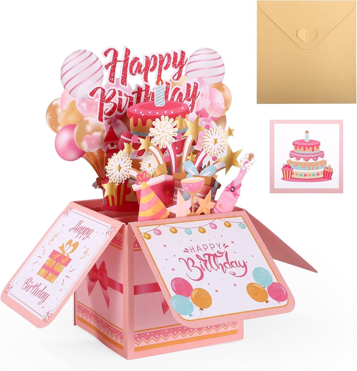 SnelShoppen - Kleurrijke Pop up Verjaardagskaart met Ballonnen & Vuurwerk - 3D Gift Box met Envelop - Creatieve Verjaardagskaart voor Vrouwen, Moeder,