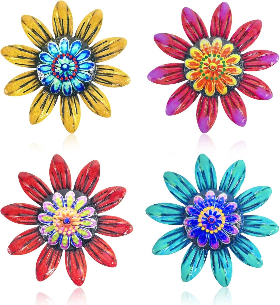 SnelShoppen - 4 Stuks Metalen Bloemen Wanddecoratie, Kleurrijke Tuinornamenten van Smeedijzer voor Buiten, Wandsculpturen voor Tuin, Achtertuin, Veran