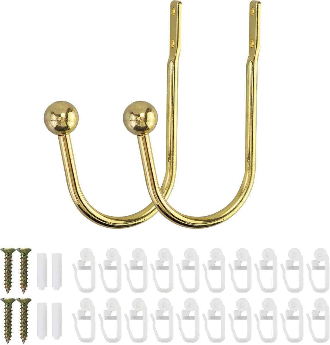 SnelShoppen - 2 Pcs U Vorm Vouwsteunen Gouden Metalen Gordijnhouders met 20 Gordijnhaken, Muurbevestiging, Duurzaam Aluminium voor Woonkamer en Slaapk