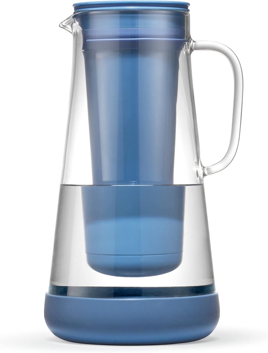 SnelShoppen - Waterfilterkan 7 Cups - Glazen Waterfilter met Siliconen Basis - Stormblauw - Bescherming tegen Bacteriën, Parasieten, Microplastics, Lo