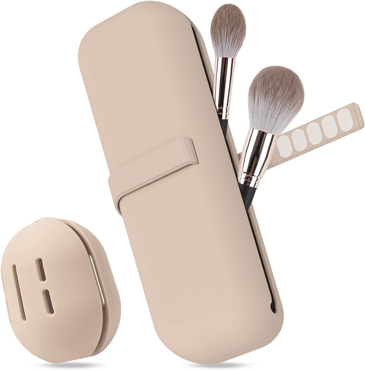 SnelShoppen - Travel Essentials Silicone Makeup Bag met Makeup Brush Storage en Beauty Blender Cover, Khaki, Makkelijk te Reinigen, Zacht en Draagbaar