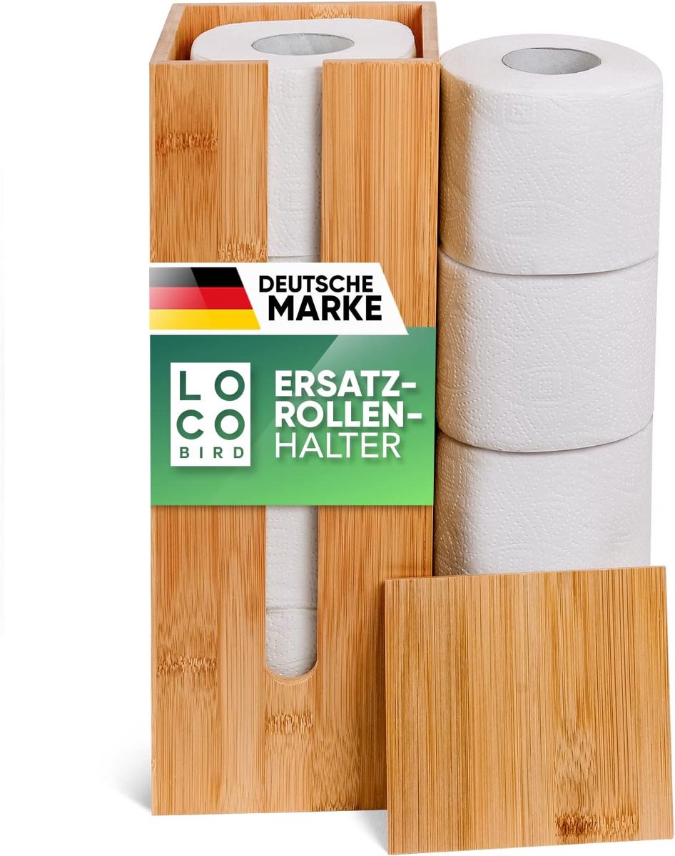 SnelShoppen - Toiletpapierhouder voor 4 Rollen - Bambus & Hout - Staande Toiletpapieropberging met Deksel & Plank - Minimalistisch Design voor Badkame