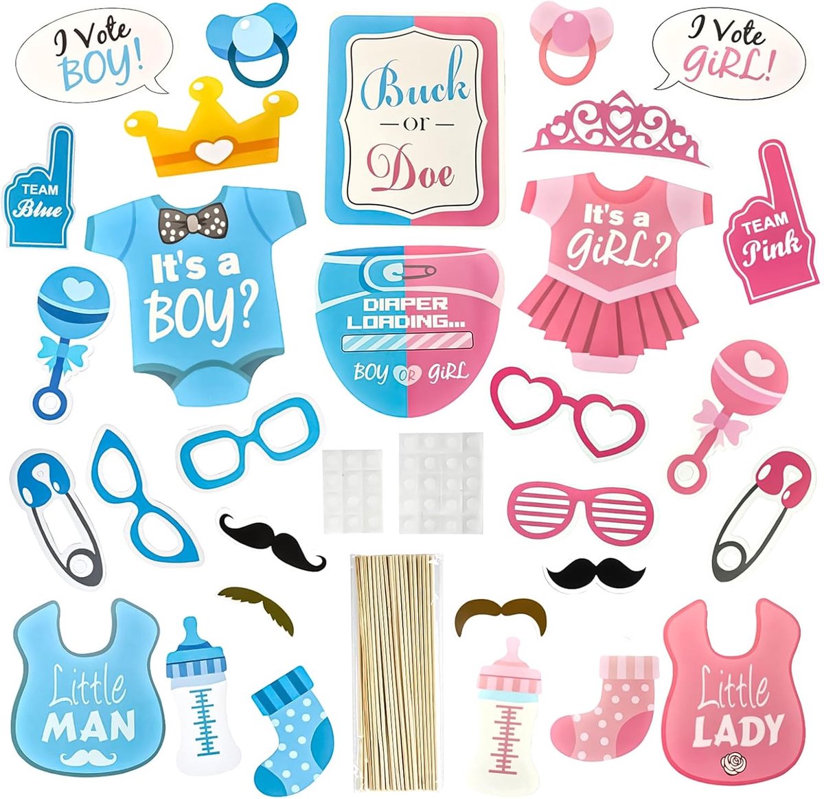 SnelShoppen - 30-delige Gender Reveal Party Props, Multicolour Fotohokje Decoraties, 'IT'S A BOY' & 'IT'S A GIRL' Banners voor Baby Shower Feest