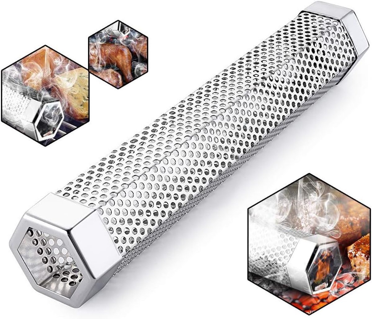 SnelShoppen - 30.5 cm Barbecue Pellet Tube van Hoogwaardig RVS - Houtpellet Tube voor Gasgrill, Houtskool, Elektrische Grill of Rookoven - Hexagonaal