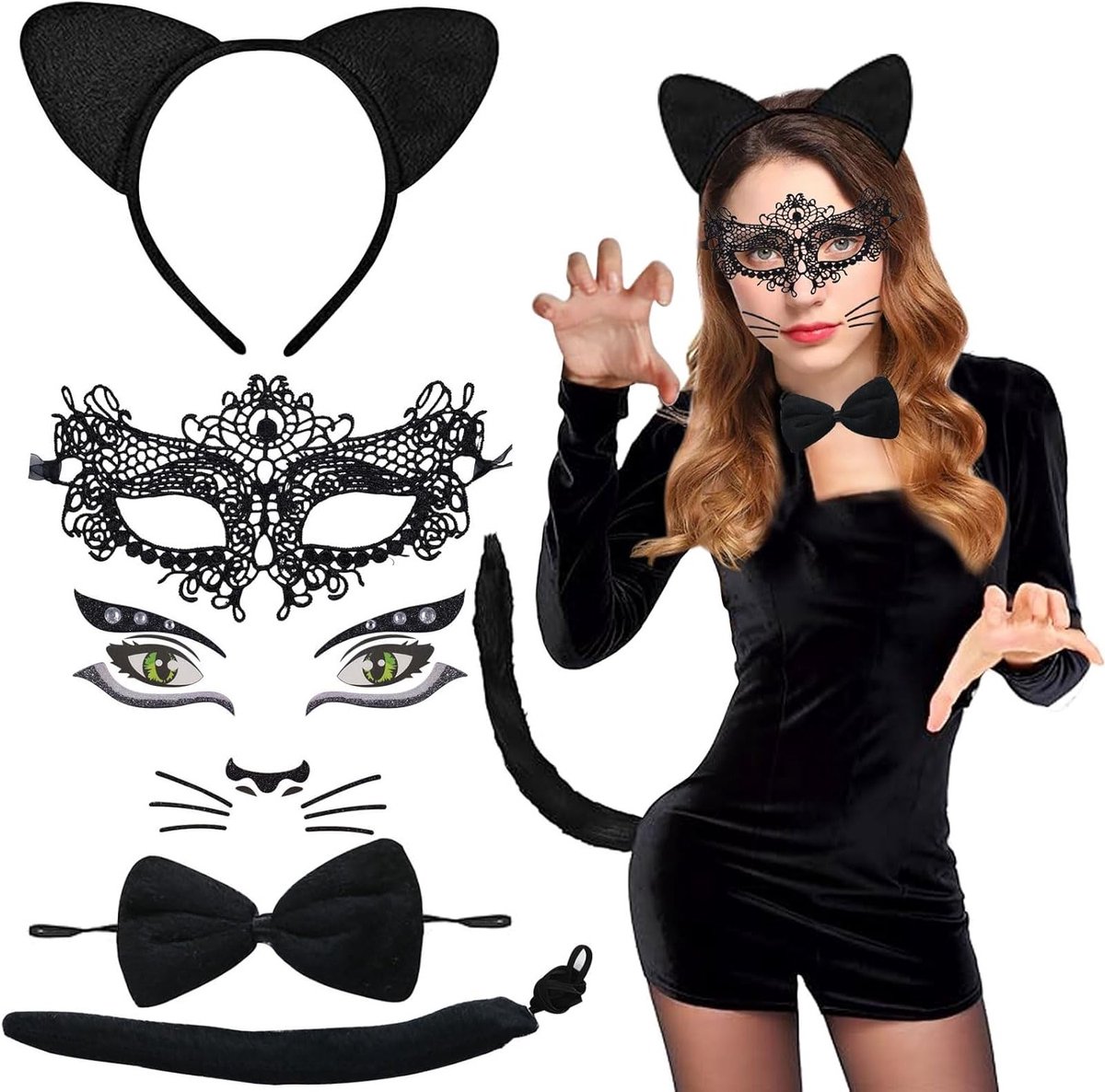 Complete Set van 5 Delen voor Kattenkostuum - Cosplay Carnaval Accessoires met Oren, Staart, Gezichtsstickers en Strik voor Dames