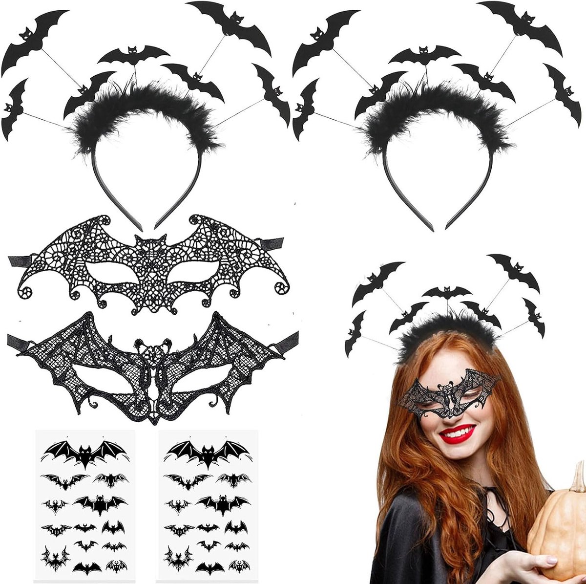 Halloween Haarband Set met Vleermuis en Vampier Haarband, Oogmasker en Vleermuis Tatoeages voor Feestelijke Kostuums