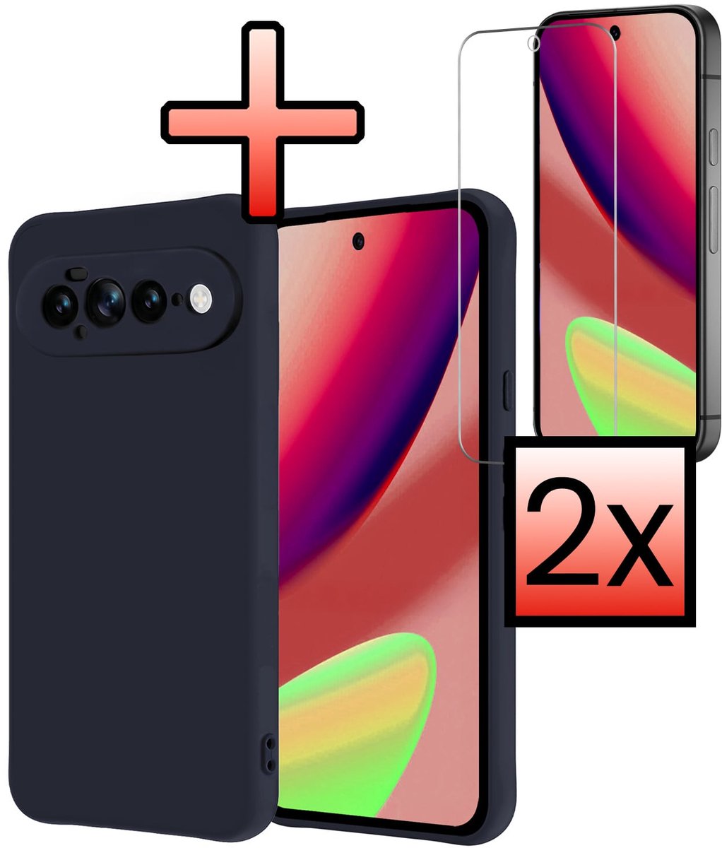 Hoesje - Met 2x Screenprotector - Geschikt voor Google Pixel 11 Pro XL - Sterk & Shockproof - Back Cover - Siliconen Case - Telefoon Hoes - Donkerblauw
