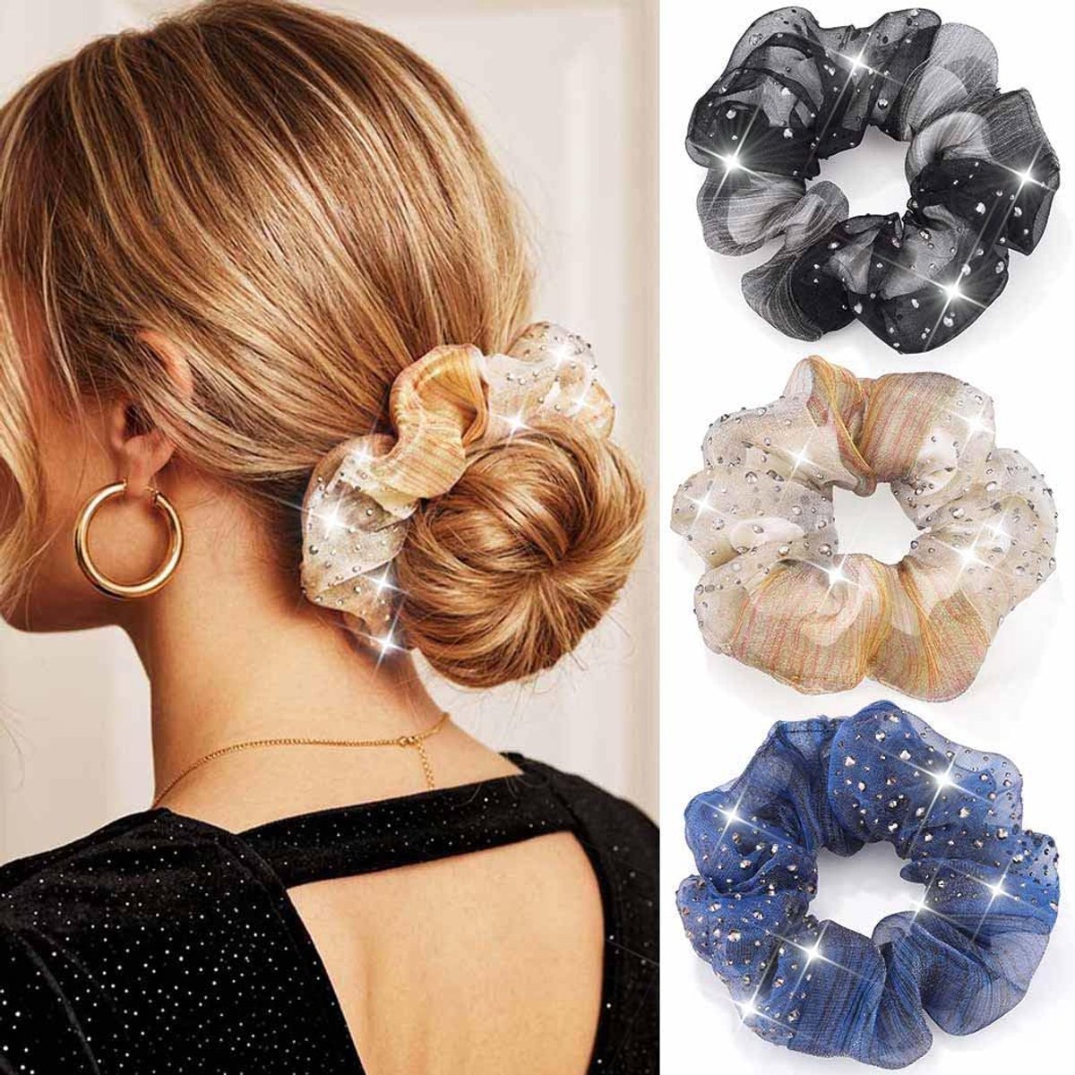 SnelShoppen - Elegante Strass-haarelastiekjes voor Dames, Glanzende Kristallen, Elastische Haarbanden, Set van 3 in Champagne, Zwart en Blauw voor Fee