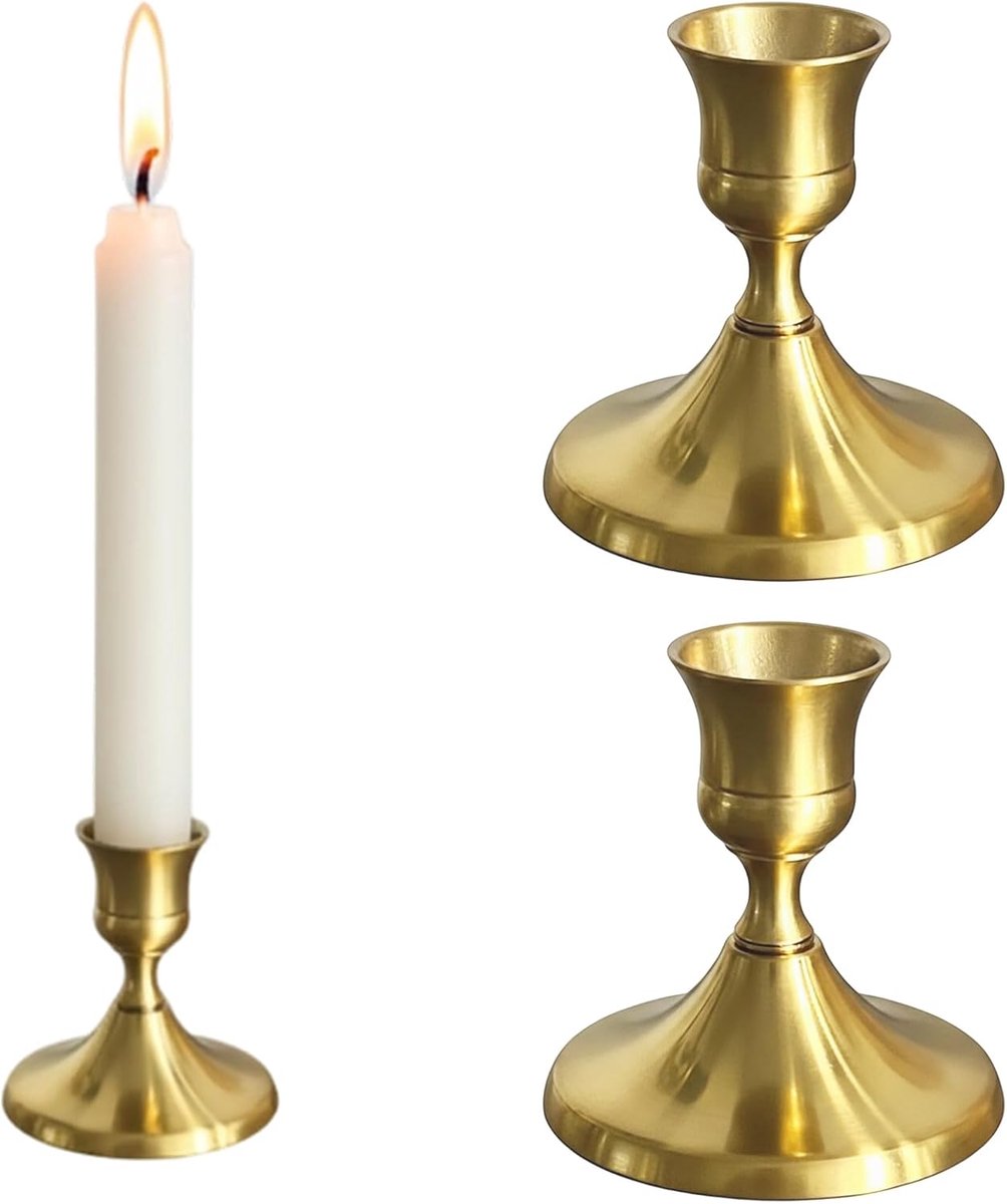 SnelShoppen - 2x Gouden Kaarsenhouders 7cm Hoog - Vintage Metaal Tafelkaarsenhouder - Stijlvolle Bar Kaarsenstandaard voor Feest, Diner, Haard, Decora