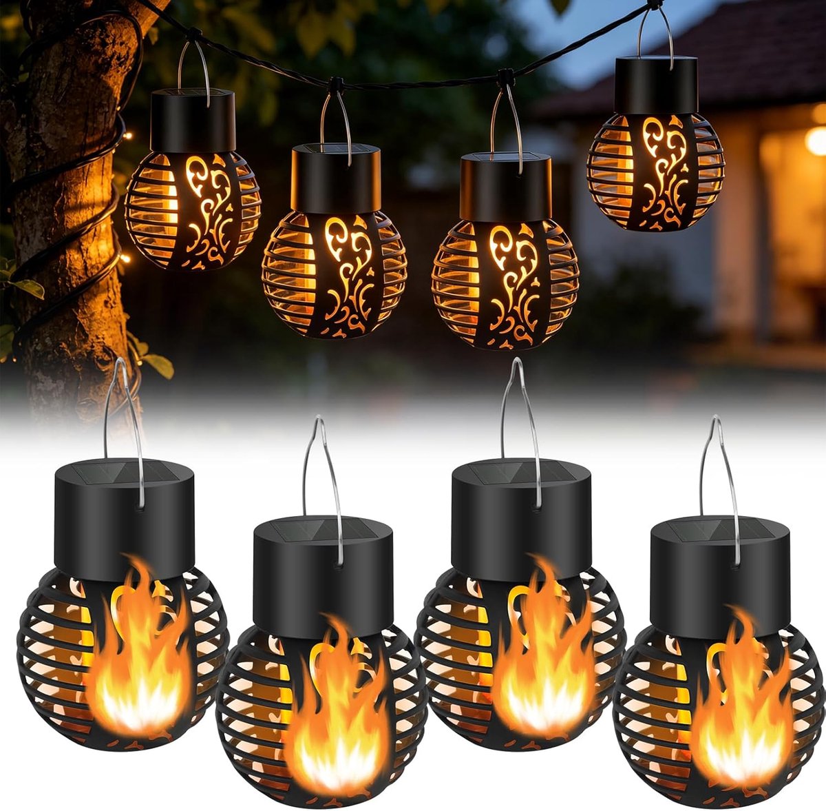 SnelShoppen - Pack van 4 Solar Torches met Vlam Effect - Solar Tuinverlichting - LED Tuinlampen - Buitenlampen voor Tuin, Camping, Feest - Warm Wit Li