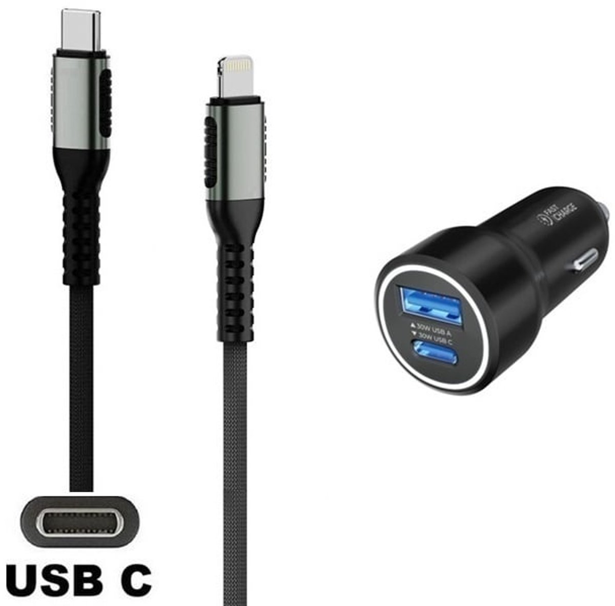 45W auto snellader met 2 poorten + 3m sterke USB C naar C kabel. Universele PD PPS lader. Autolader adapter past op Apple iPhone SE 2, iPhone 8, 8 Plus, iPhone 10, iPhone X, iPhone XR, iPhone XS, iPhone XS Max