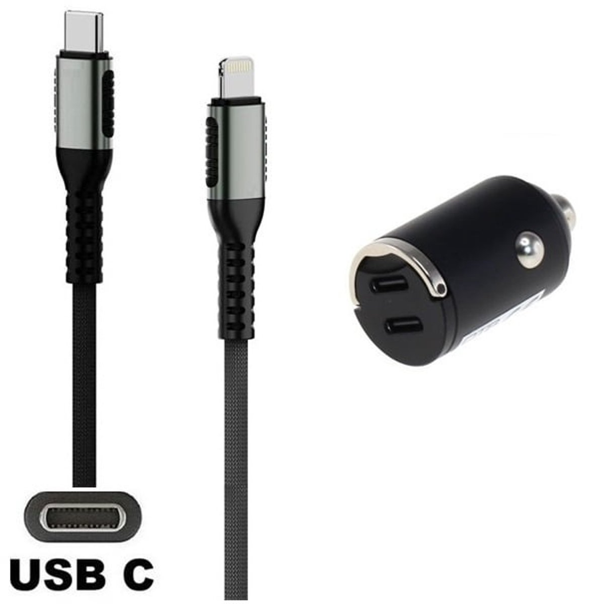 OneOne auto snellader met 2 poorten + 0,2m sterke USB C naar C kabel. 40 Watt (2x 20W) lader. Autolader adapter past op Apple iPhone 11, 11 Pro, 11 Pro Max, iPhone 12, 12 Mini, 12 Pro, 12 Pro Max