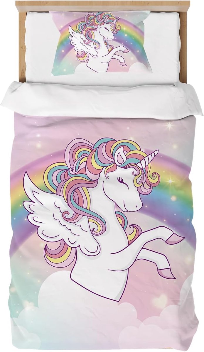 SnelShoppen - Dekbedovertrek Kinderen Meisjes 120x150 cm Roze Eenpersoons Bedlinnen Met Eenhoorn Motief Microfiber Inclusief 1 Kussenhoes 40x60 cm