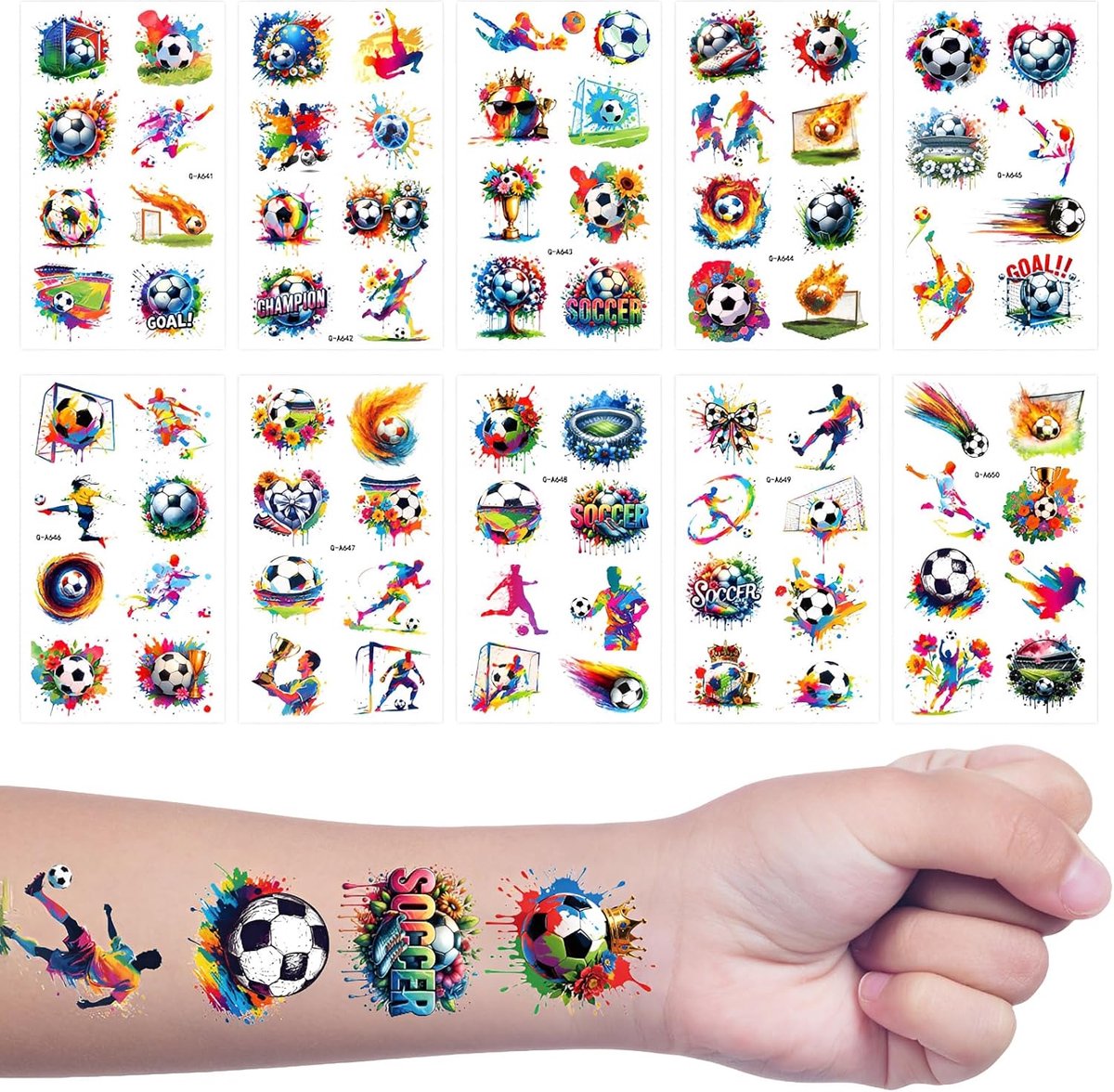 SnelShoppen - Pack van 10 Kinder Voetbal Tattoos - Tijdelijke Tattoos Voetbal Stickers voor Verjaardag, Voetbalfeest, Sportieve Decoratie voor Jongens