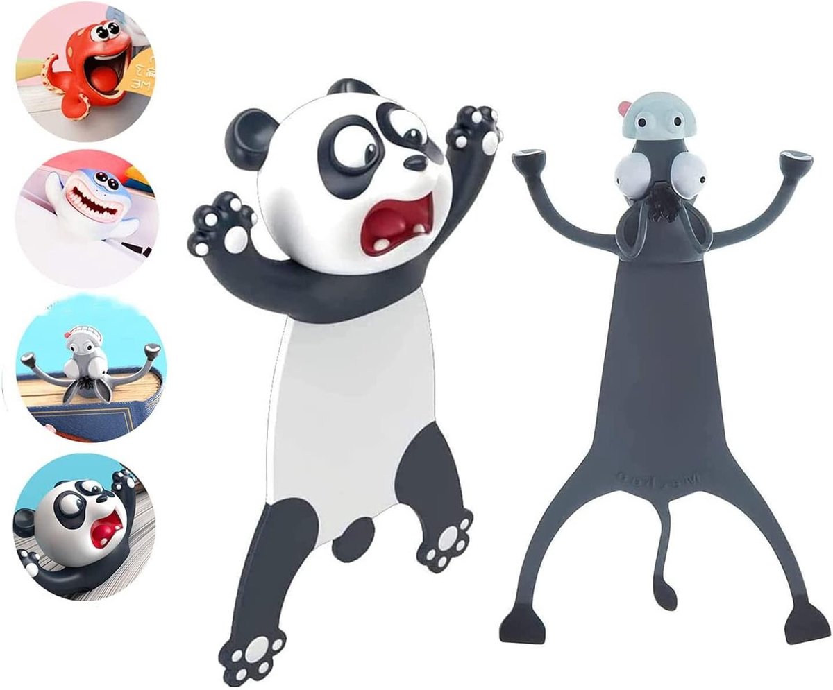 Set van 2 schattige dieren boekenleggers - 3D easel, panda, haai en octopus - leuke cadeau-ideeën voor kinderen, studenten en boekenliefhebbers