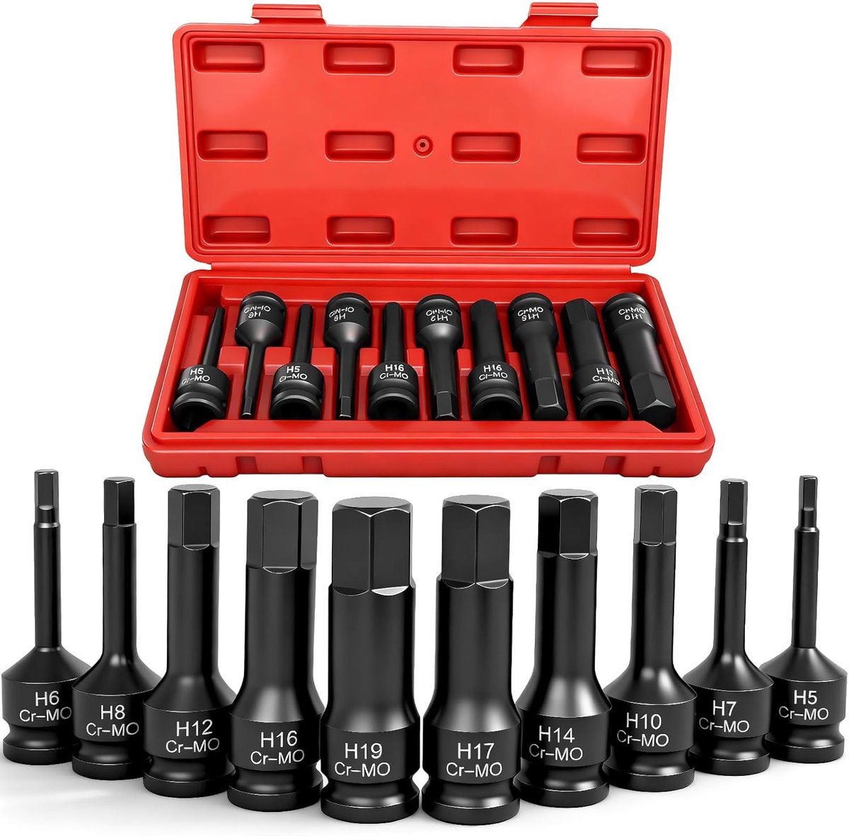 SnelShoppen - 10-delige Inbussleutel Set, 1/2" HEX Power, 5-19 mm, Robuuste CR-MO Staal, Voor Auto en Industrie