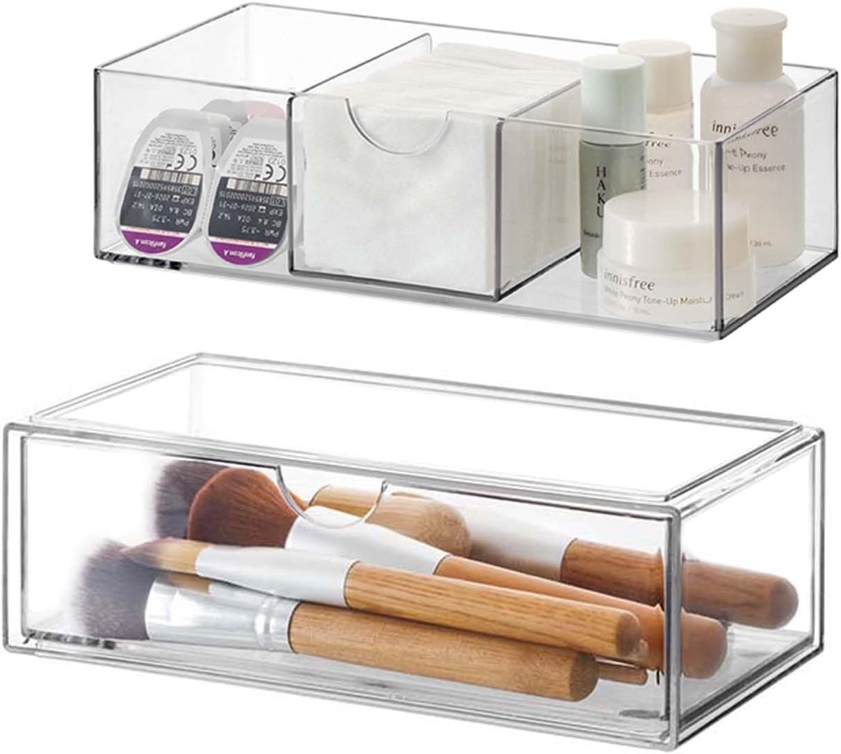 Thijox - Cosmetica-organizer set van 2 met schuifladen, transparant acryl, make-up-opslag voor eyeliners, lippenstift, mascara, kwasten, stapelbaar en