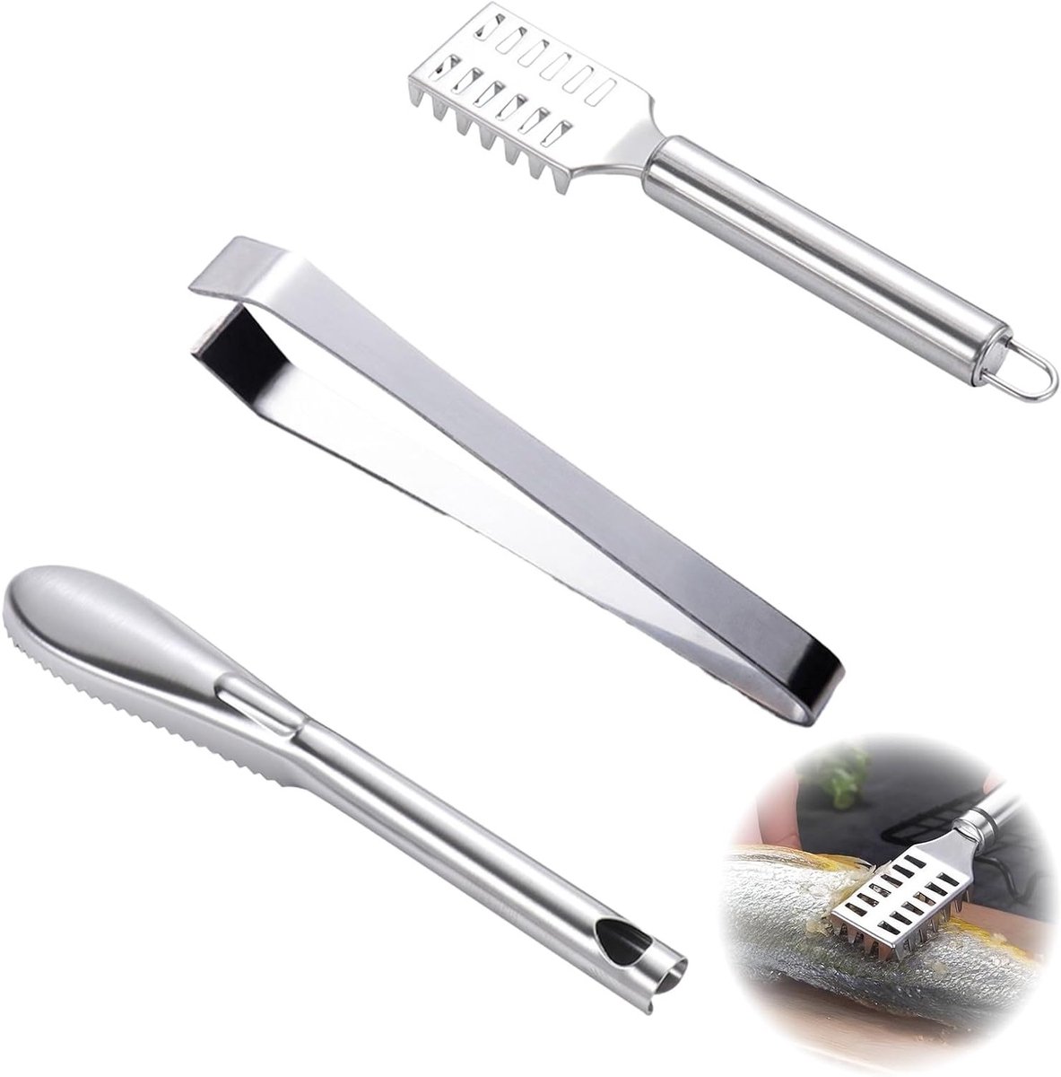 3-delige visschubben set, zware vierkante schalen van roestvrij staal met handvat en platte rand, ideaal voor keuken, restaurant en kamperen. Perfect voor thuiskoks en vissers.