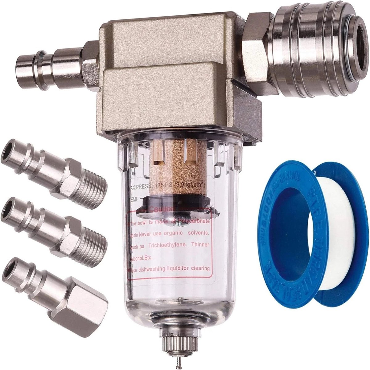 AF2000-02 met Europese 5-delige set - Persluchtfilter - Olie-waterafscheider - Olie-gasafscheider - Inclusief 1/4" DE snelkoppeling - Gemaakt van aluminiumlegering