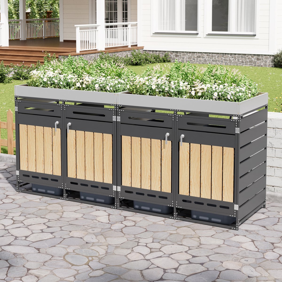 FloraGrace Containerberging – 4 Vakken – 262 x 79 x 120 cm – Metaal – Zwart – Met Plantenbak Voor Afvalscheiding en Buitenopslag