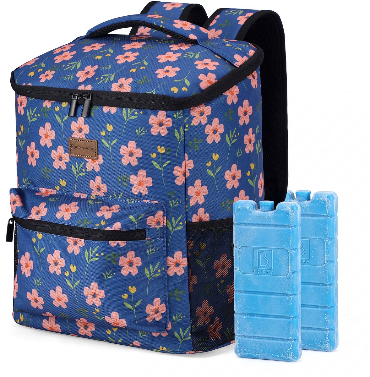 Packaway Koeltas Rugzak 25L - Incl. 2 gratis koelelementen - Incl. gratis flessenopener - Waterafstotend - Anti diefstal vak - 4 Laags geïsoleerd - Blue Blossom