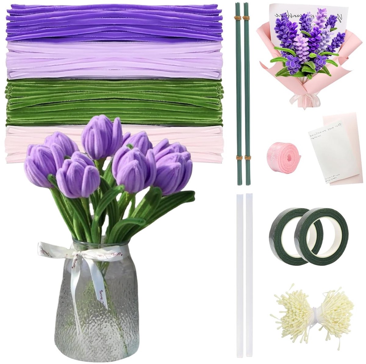 Creatieve Set van 400 Stuks Pijpenragers voor Ambachten - Kleurrijke Chenille Draad voor DIY Bloemen, Inclusief Groene Stelen, Lijm en Tape voor Handgemaakte Projecten
