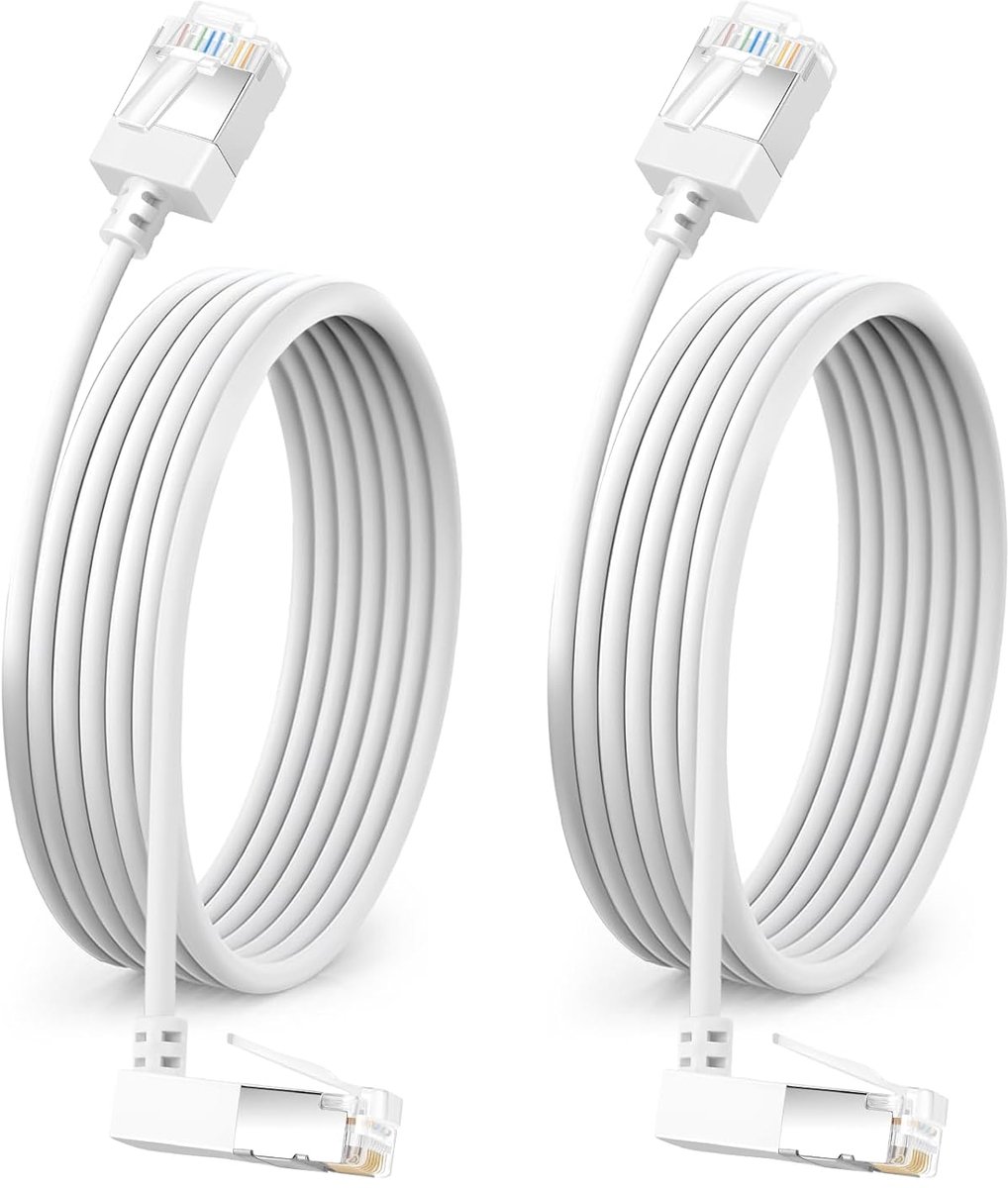 SnelShoppen - Flexibele Cat 6A Ethernet Kabel 270° Up Hoek 0.5m 2 Stuks, 10Gbps Hoge Snelheid Ultra Slank Internet Kabel voor PC, Router, Windows (Wit