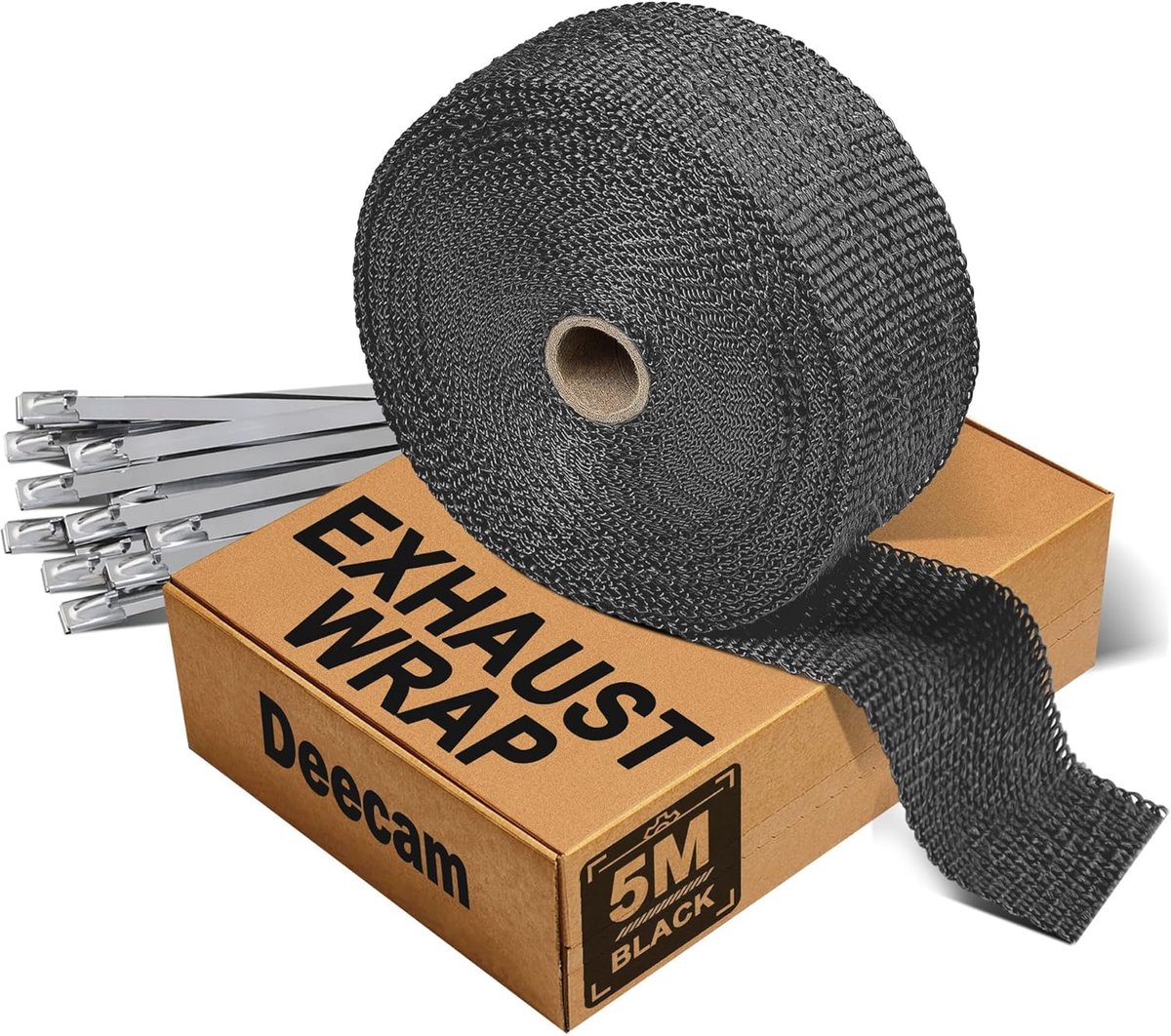 SnelShoppen - Zwart Uitlaat Tape 5m x 5cm, Hittebestendige Isolatietape voor Auto en Motor, Inclusief 10 RVS Kabelbinders voor Uitlaatmanifolds