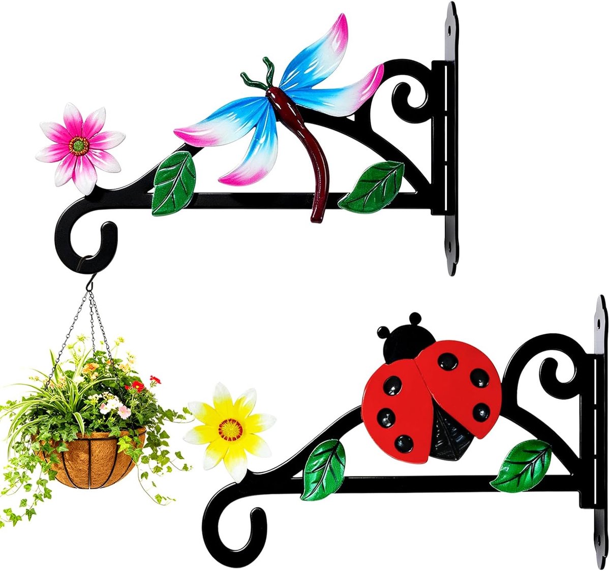 SnelShoppen - 2 stuks metalen plantenbeugels voor buiten, wandmontage, stevige bloemenbeugels, vogelvoederhangers, windklokken, tuinaccessoires