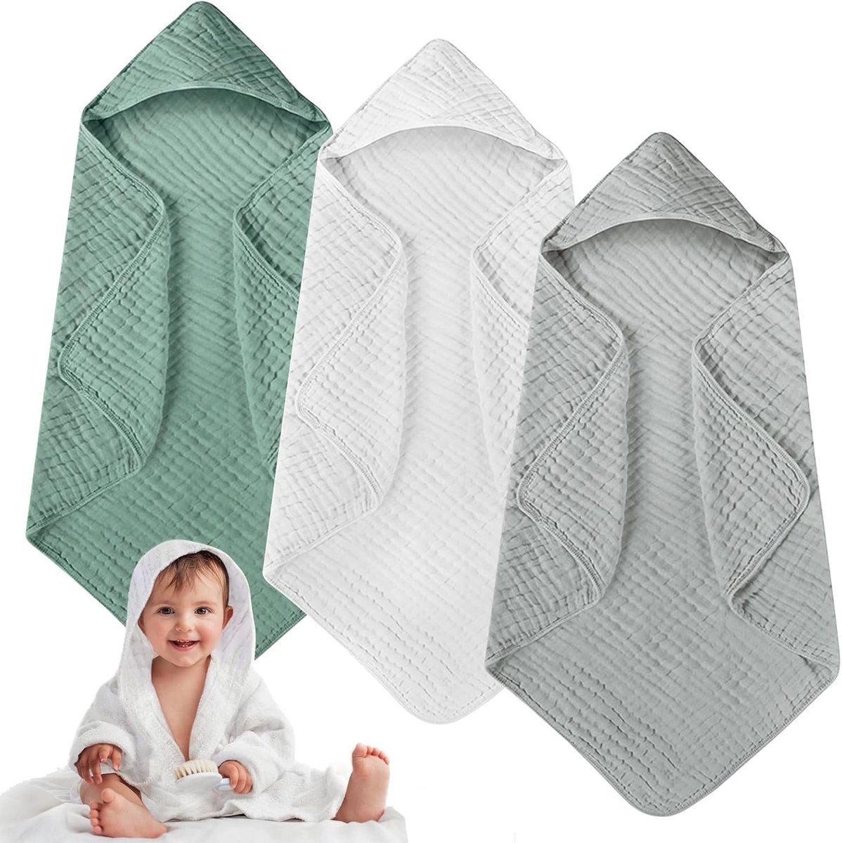 SnelShoppen - 3 Stuks Baby Kapdoek, Hooded Towel voor Baby's van 100% Organisch Katoen Muslin, 80 x 80 cm, Zacht & Absorberend, Multifunctioneel voor