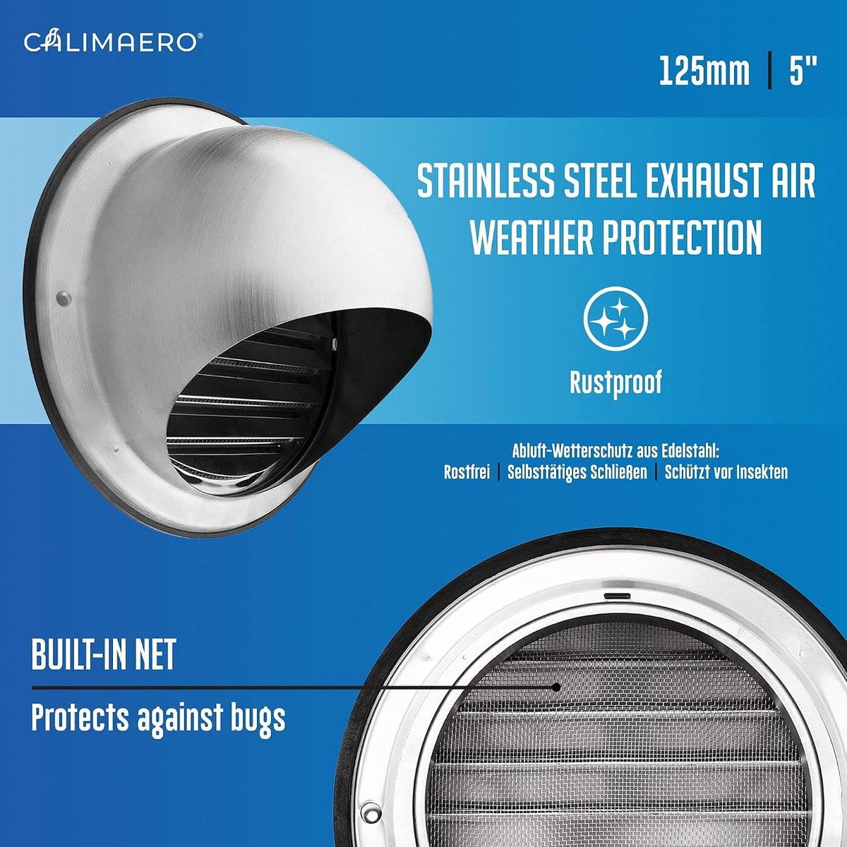 SnelShoppen - RVS Ventilatierooster 125mm met Insecten Gaas, Weerbestendig Afvoerrooster voor Wandmontage, Perfect voor Ventilatie en Luchtuitlaat