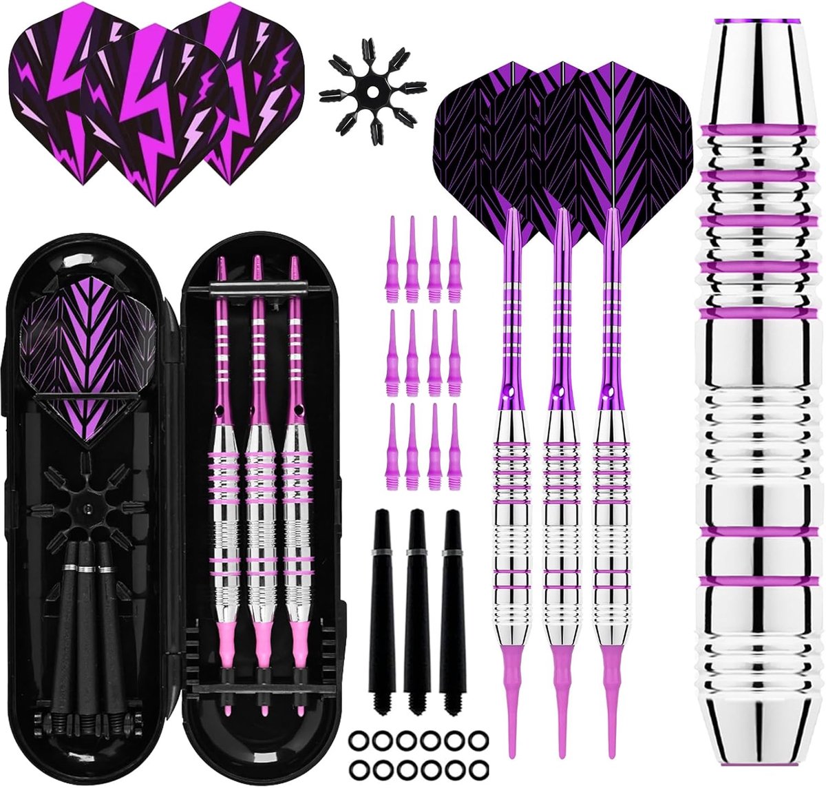 SnelShoppen - Professionele Dart Flights met Plastic Tips, 18g, 3 Stuks, Soft Darts voor Elektronische Dartborden, Inclusief 30 Plastic Dart Tips, 6 F
