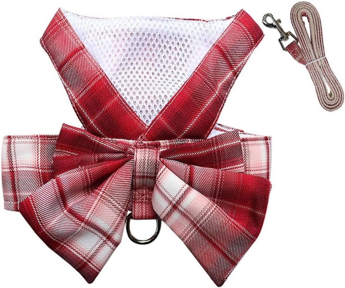 SnelShoppen - Schattige Honden en Katten Bow Tie Tuigset met Leash - Plaid Harness voor Puppy en Kleine Honden - Ademend Katoen en Polyester - Perfect