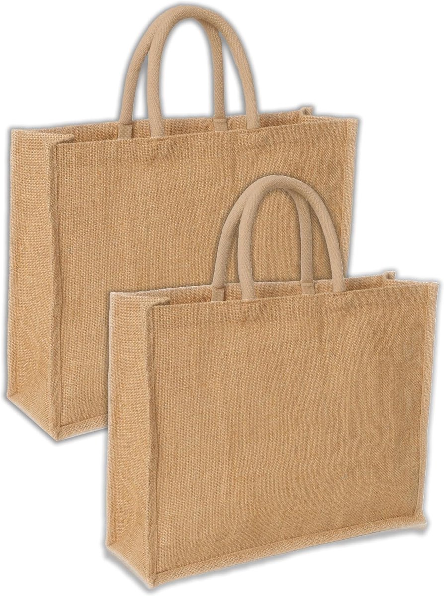 SnelShoppen - 2 x Natuurlijke Jute Tas voor Winkelen, Retro Shopper Bag met Jute Handvatten, Ideaal voor Strand, Uitjes en Vrije Tijd, 43 x 34 cm