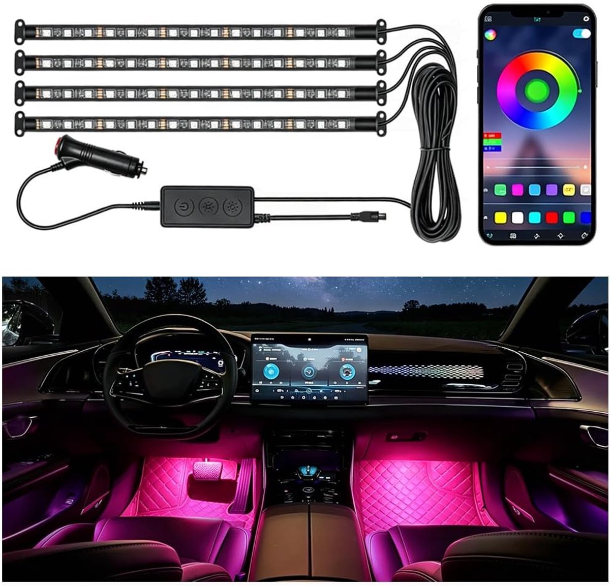 SnelShoppen - Gmili Auto Interieur LED Strip 72 LEDs - 4-in-1 Waterdichte RGB Car Ambient Lighting Kit - Meerdere Kleuren met App - Sigarettenaansteke